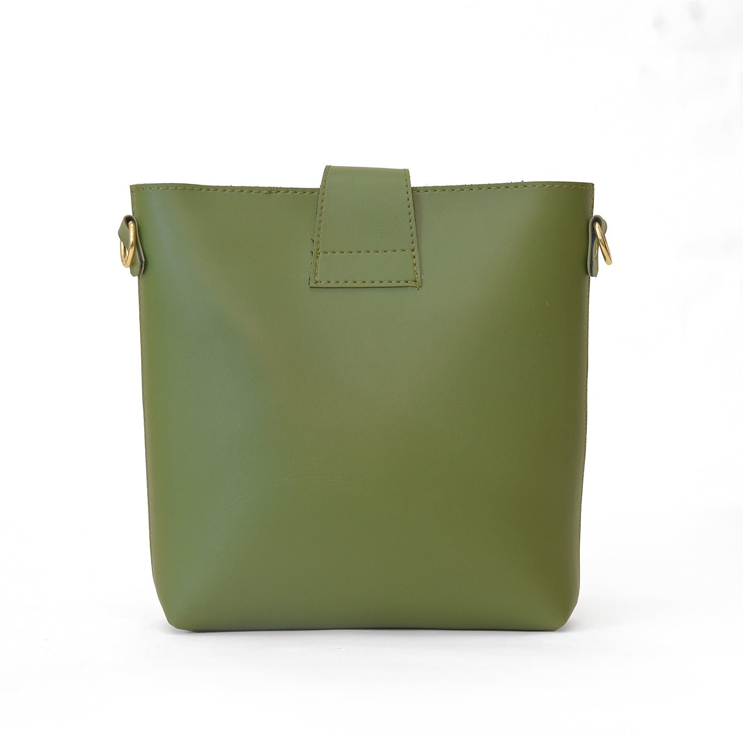 A green leather cross bag with a structured silhouette, gold-tone buckle, and an adjustable strap for versatile wear.