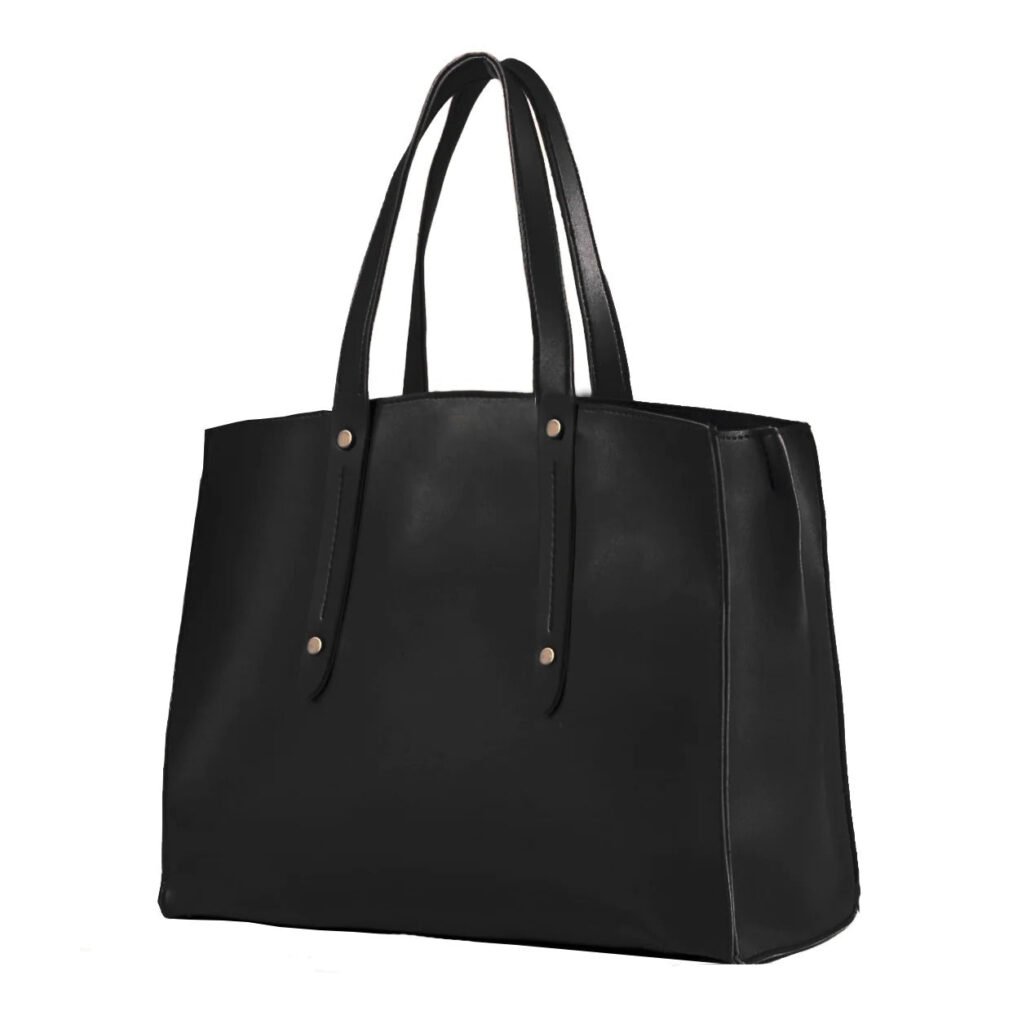 Black CREW Leather Tote Bag with double handles and a spacious design.