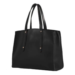 Black CREW Leather Tote Bag with double handles and a spacious design.