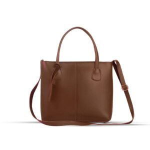 DOVE Shoulder Bag in CHOCO color—premium faux leather handbag with dual handles and an adjustable shoulder strap, available in Pakistan.