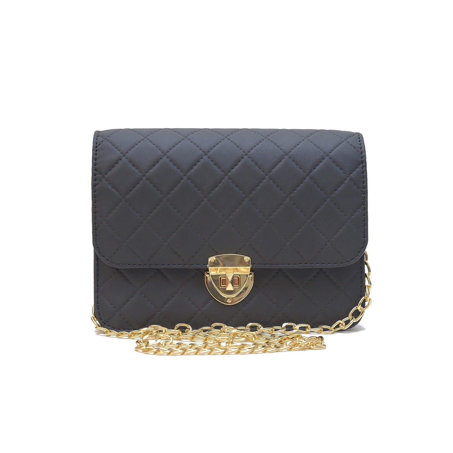 Black NORA cross body bag with golden chain and quilted design.