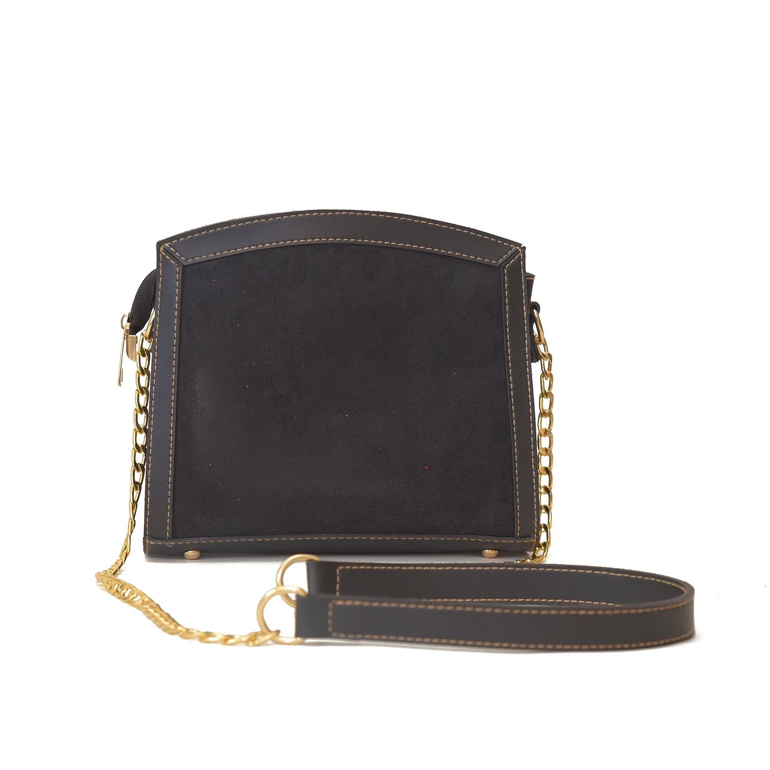 Stylish black cross body bag with gold chain and luxurious suede front panel, ideal for a sophisticated look.