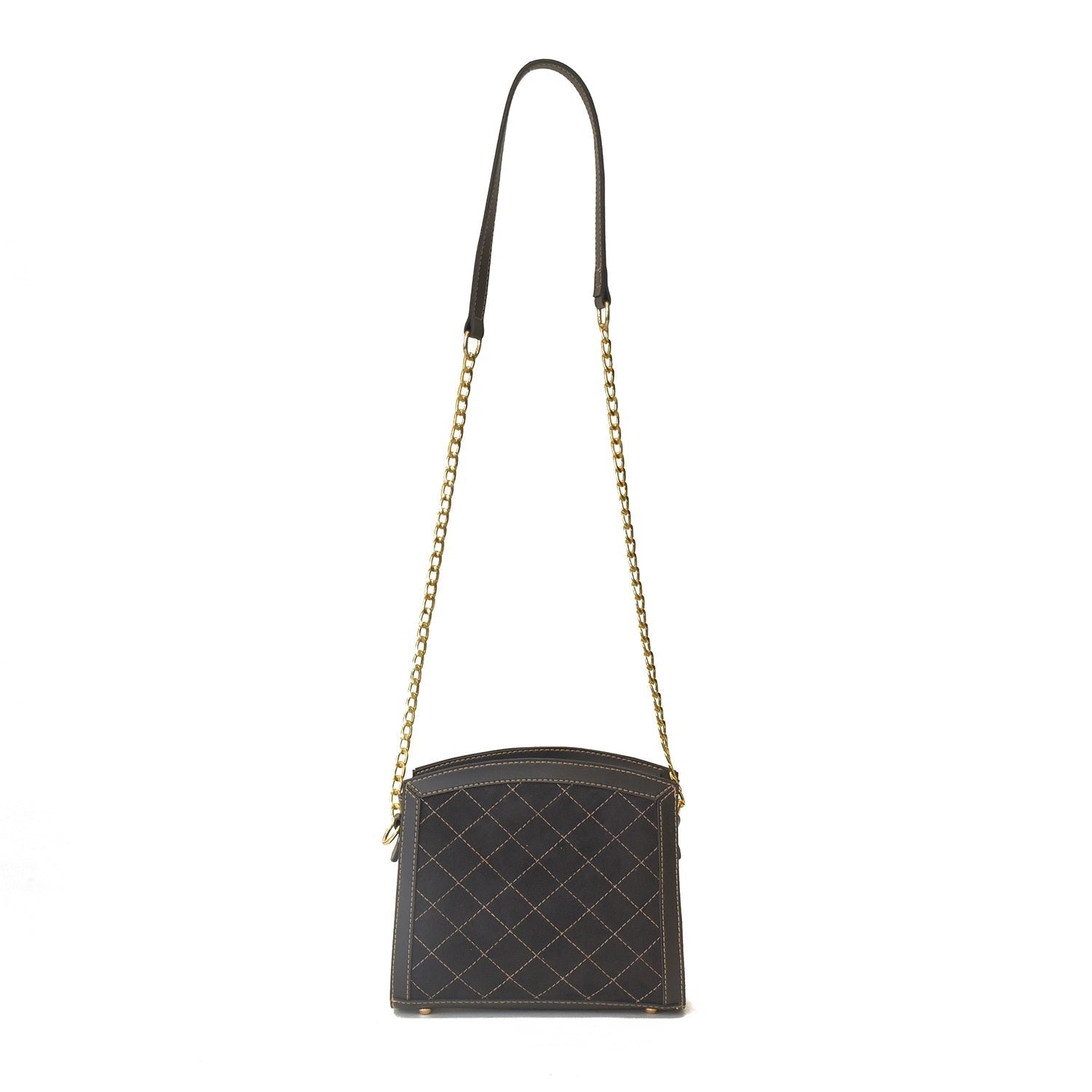 Stylish black cross body bag with gold chain and luxurious suede front panel, ideal for a sophisticated look.