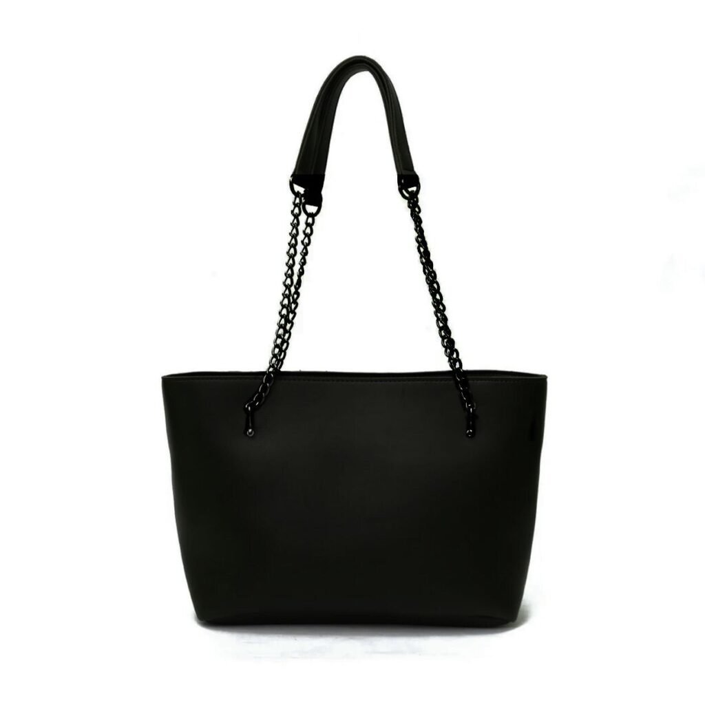 BLACK CHAIN LUXE TOTE – premium faux leather tote bag with a sleek chain strap, offering durability and elegance at an affordable price in Pakistan.