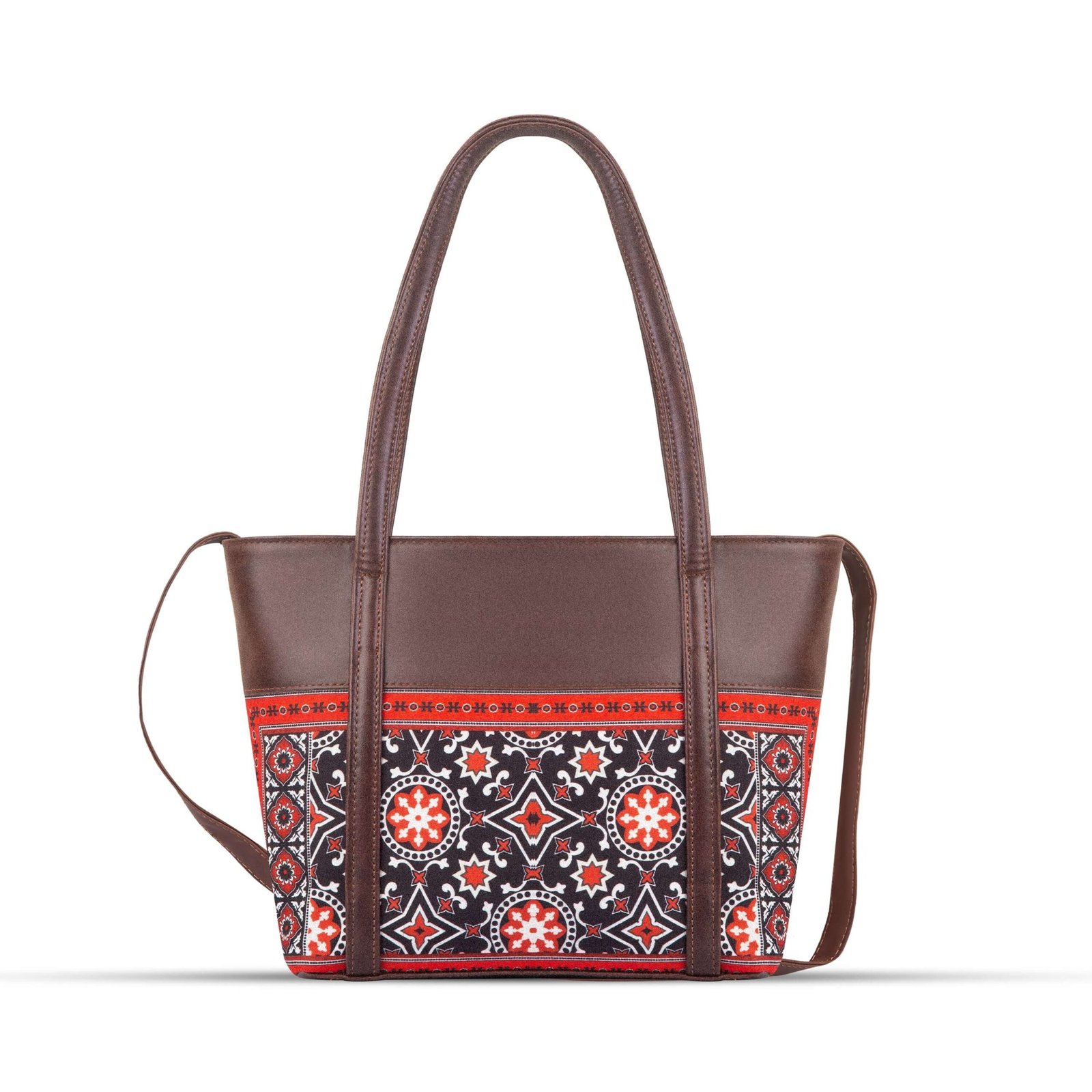 AJRAK ART Shoulder Bag featuring a traditional design and long leather straps, handcrafted in Pakistan.