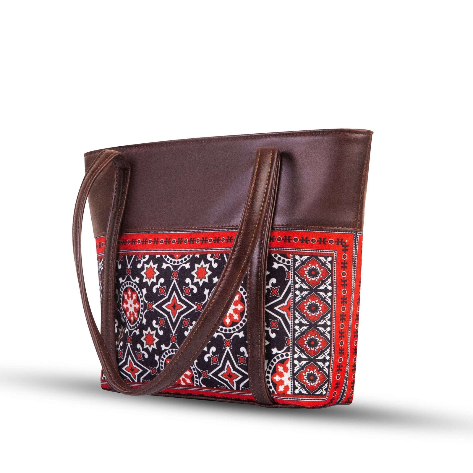 AJRAK ART Shoulder Bag featuring a traditional design and long leather straps, handcrafted in Pakistan.