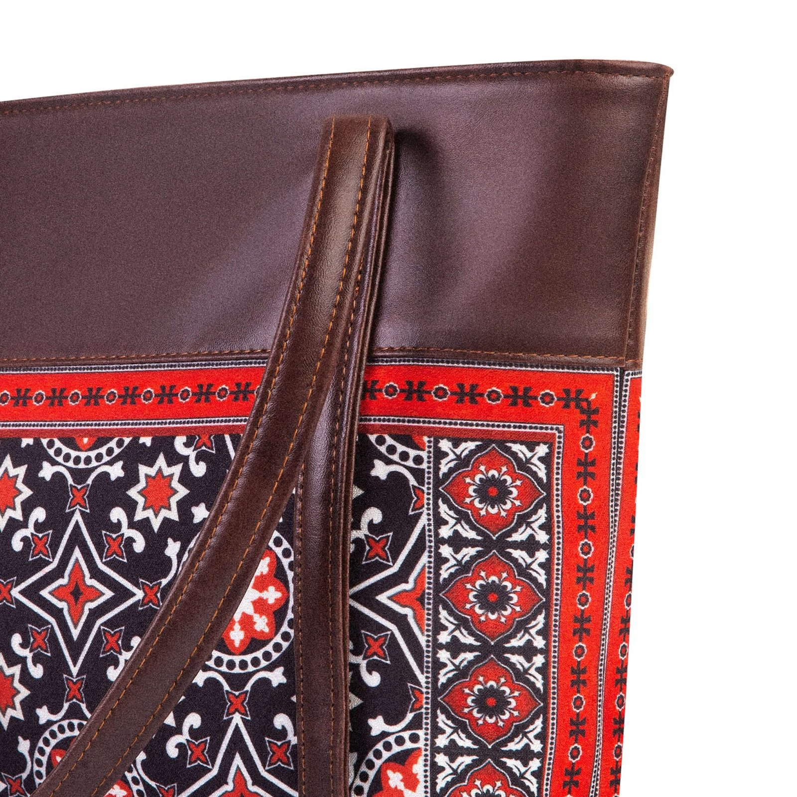 AJRAK ART Shoulder Bag featuring a traditional design and long leather straps, handcrafted in Pakistan.