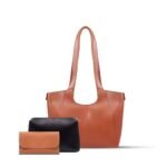 Amber 3-piece tote bag set, including 2 small pouches, available in elegant black and brown colors in Pakistan.