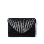 A stylish black beaded clutch purse with a shimmering, striped design on the flap, perfect for evening wear.