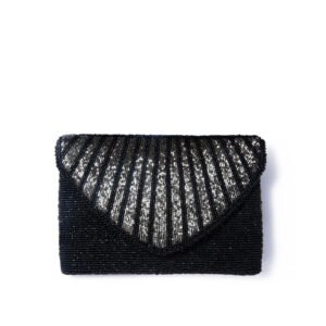 A stylish black beaded clutch purse with a shimmering, striped design on the flap, perfect for evening wear.