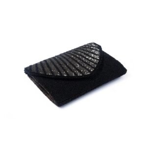 A stylish black beaded clutch purse with a shimmering, striped design on the flap, perfect for evening wear.