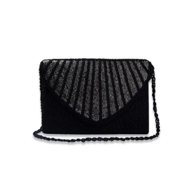 A stylish black beaded clutch purse with a shimmering, striped design on the flap, perfect for evening wear.