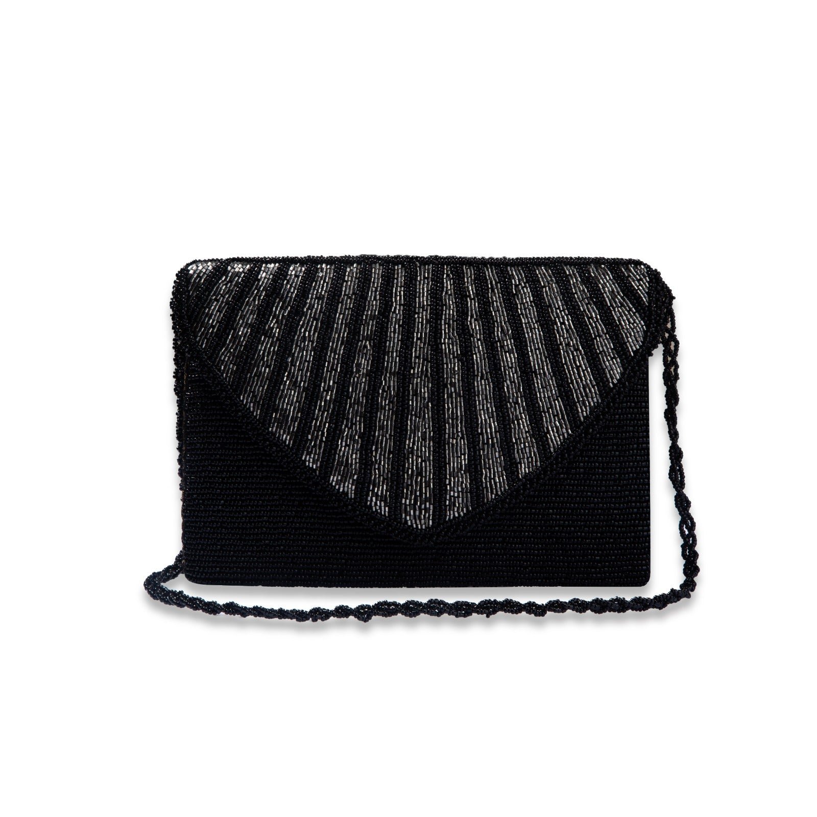 A stylish black beaded clutch purse with a shimmering, striped design on the flap, perfect for evening wear.