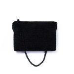 A stylish black beaded clutch purse with a shimmering, striped design on the flap, perfect for evening wear.