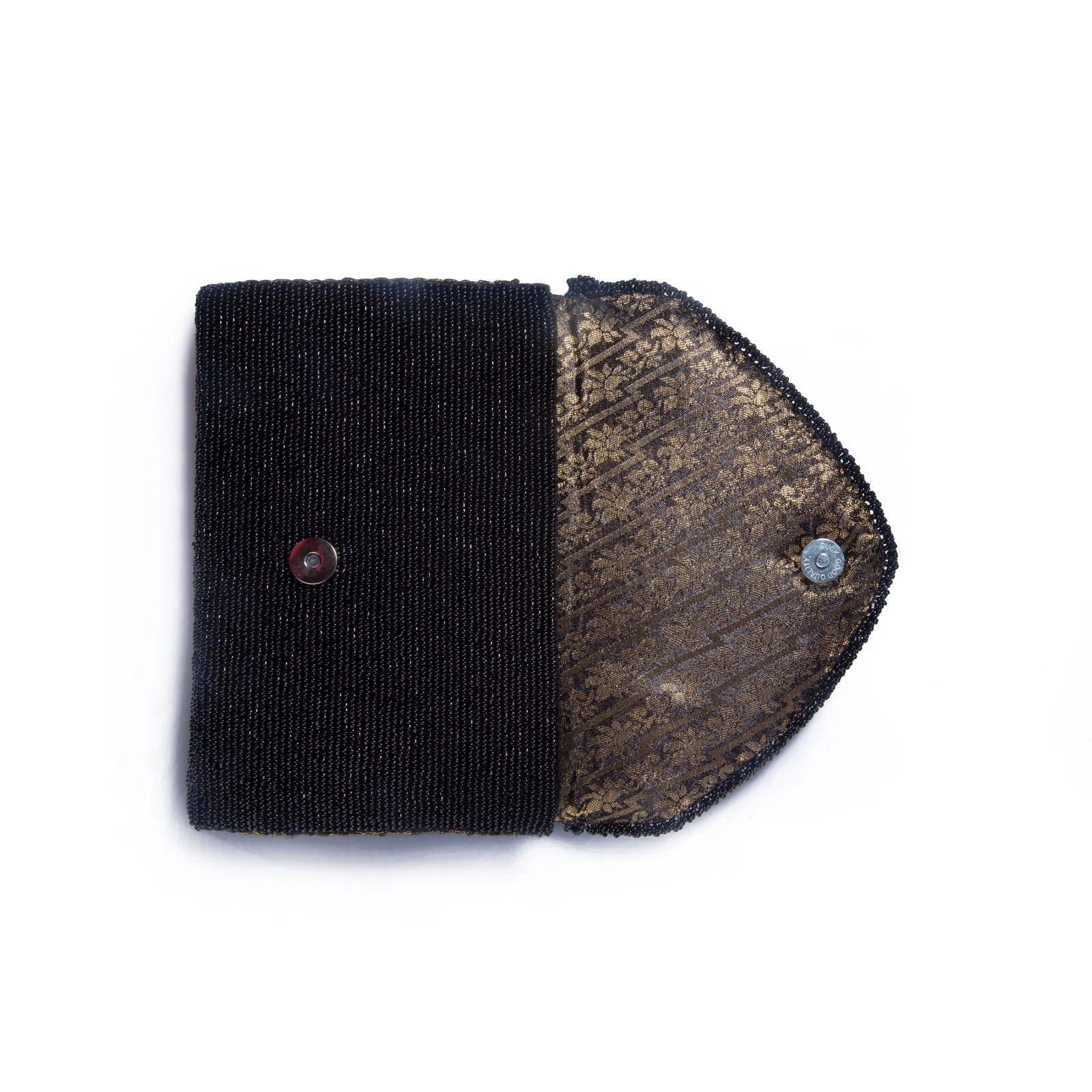 A stylish black beaded clutch purse with a shimmering, striped design on the flap, perfect for evening wear.