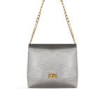 A luxurious hand bag in sleek silver color, with adjustable golden chain, available in Pakistan.