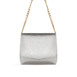 A luxurious hand bag in sleek silver color, with adjustable golden chain, available in Pakistan.