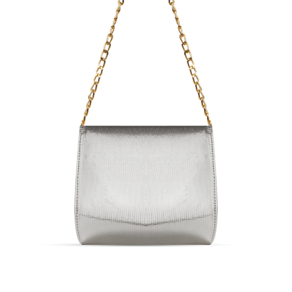 A luxurious hand bag in sleek silver color, with adjustable golden chain, available in Pakistan.