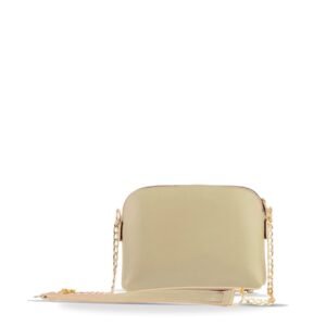 A compact crossbody bag with an adjustable strap in a beige color and a sleek design, perfect for on-the-go style in Pakistan.