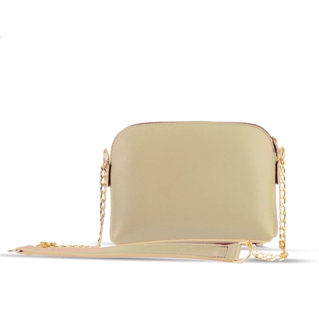 A compact crossbody bag with an adjustable strap in a beige color and a sleek design, perfect for on-the-go style in Pakistan.