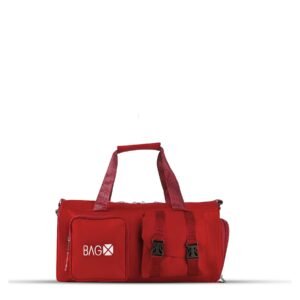 The HQ RED Duffel Bag in a stylish red design, featuring a spacious interior, sturdy build, and adjustable strap for comfortable carrying.