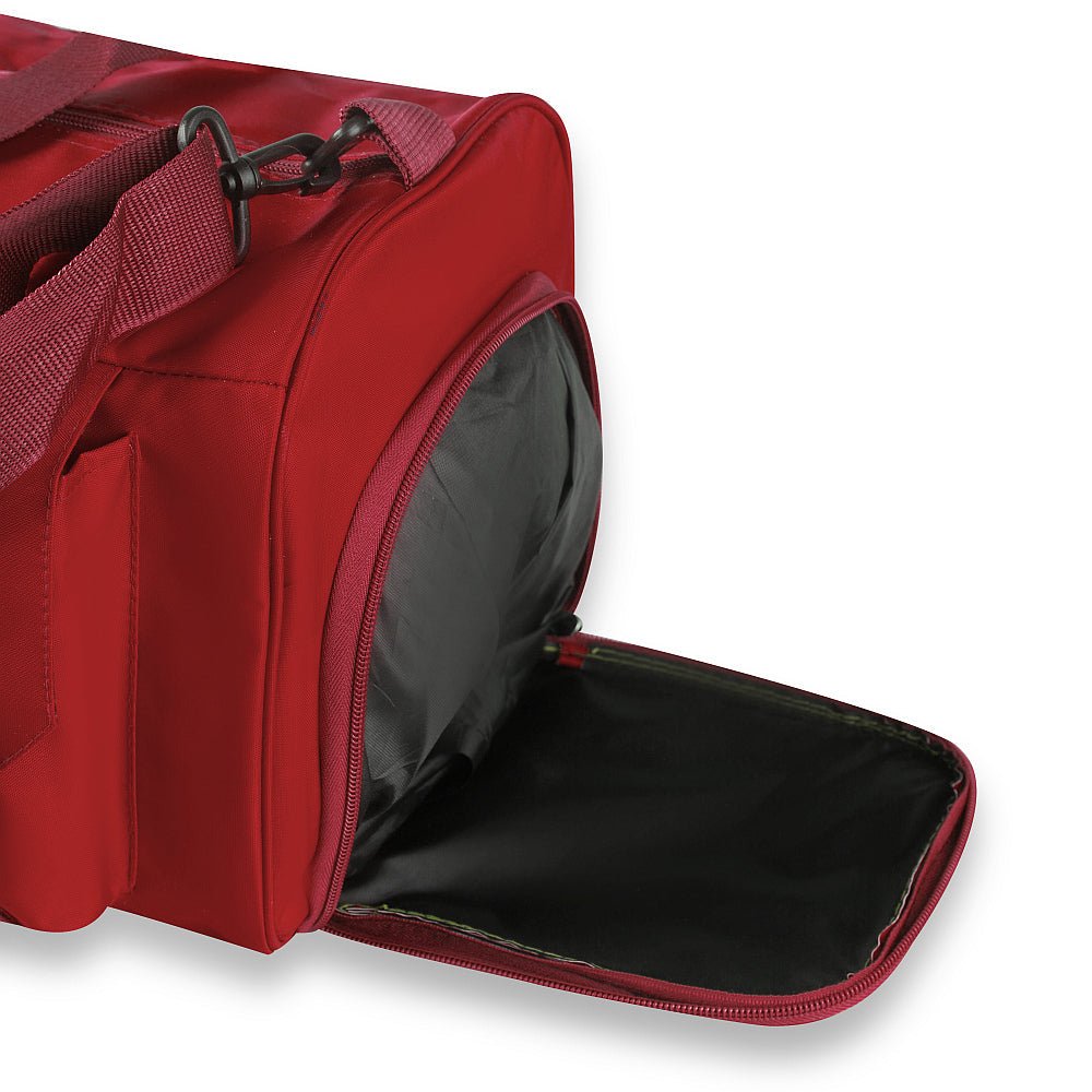 The HQ RED Duffel Bag in a stylish red design, featuring a spacious interior, sturdy build, and adjustable strap for comfortable carrying.