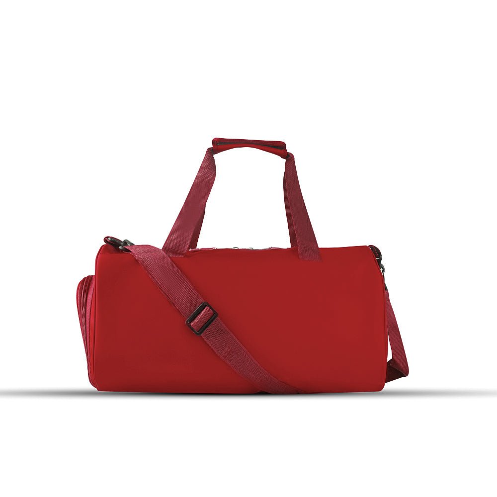 The HQ RED Duffel Bag in a stylish red design, featuring a spacious interior, sturdy build, and adjustable strap for comfortable carrying.