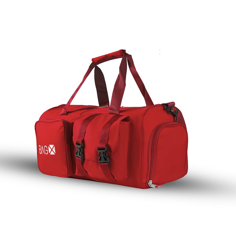 The HQ RED Duffel Bag in a stylish red design, featuring a spacious interior, sturdy build, and adjustable strap for comfortable carrying.