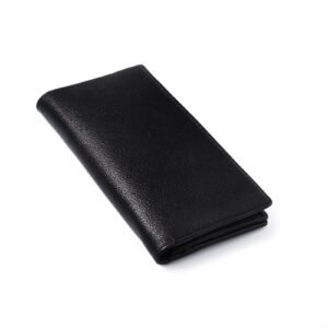 A genuine leather black wallet with multiple card slots, a bill compartment, and a sleek, timeless design for men and women.