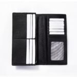 A genuine leather black wallet with multiple card slots, a bill compartment, and a sleek, timeless design for men and women.