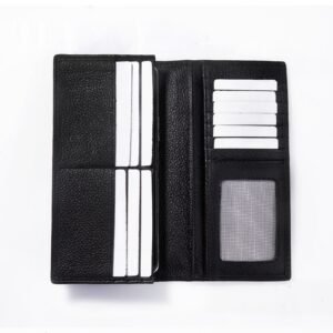 A genuine leather black wallet with multiple card slots, a bill compartment, and a sleek, timeless design for men and women.