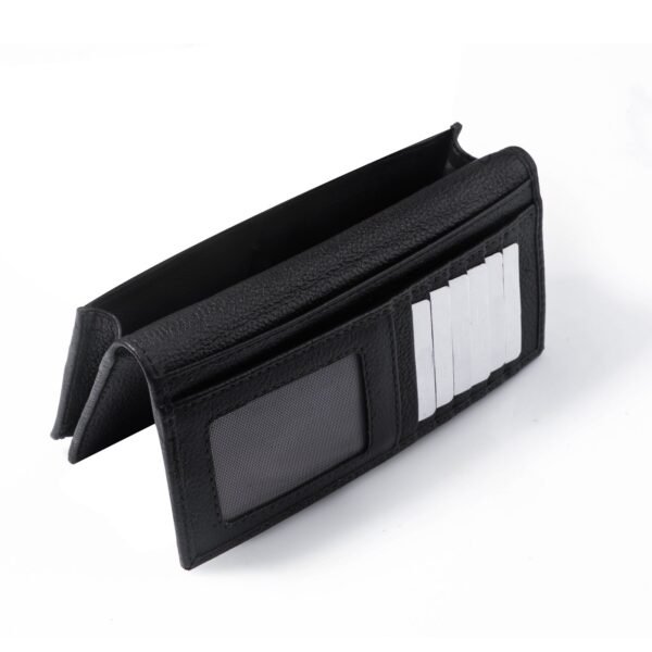 A genuine leather black wallet with multiple card slots, a bill compartment, and a sleek, timeless design for men and women.