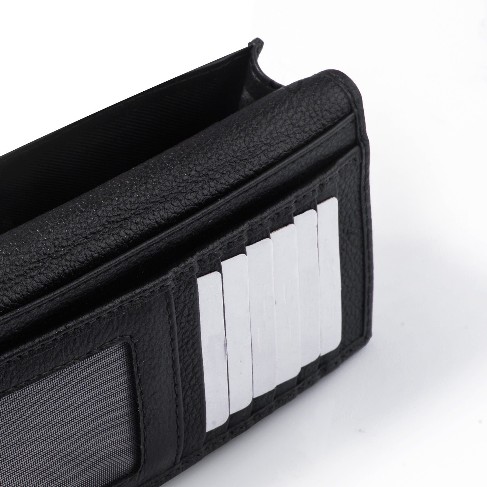 A genuine leather black wallet with multiple card slots, a bill compartment, and a sleek, timeless design for men and women.