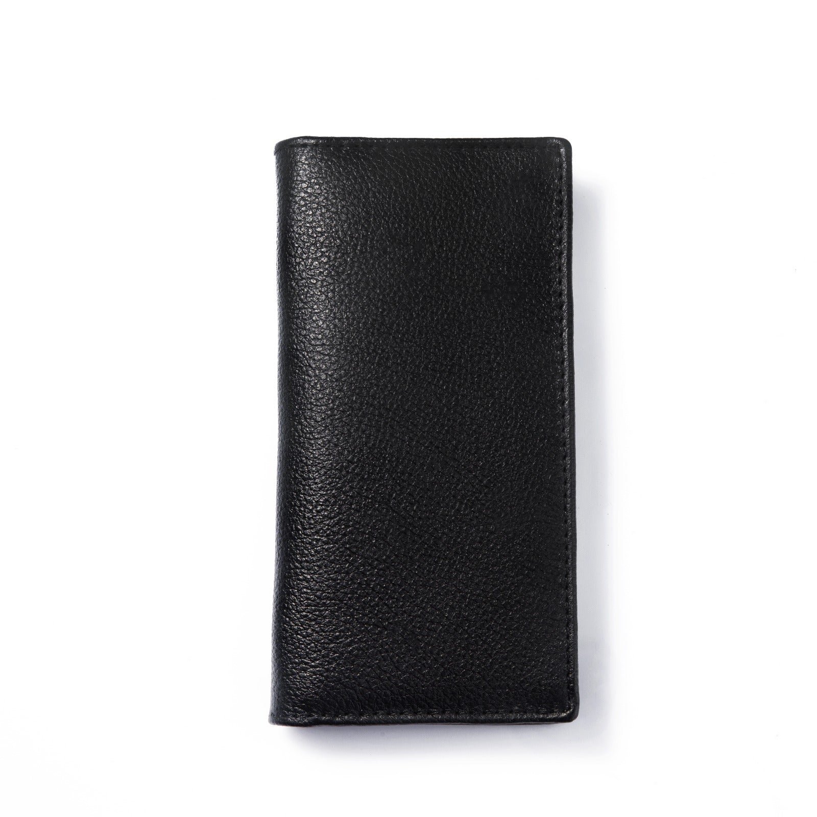 A genuine leather black wallet with multiple card slots, a bill compartment, and a sleek, timeless design for men and women.