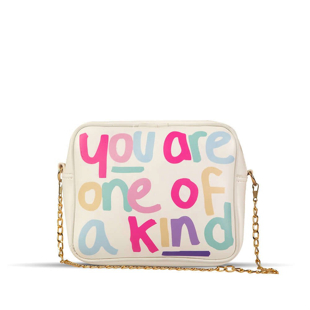 A typography crossbody bag with a gold chain in a white color is best for womens in pakistan