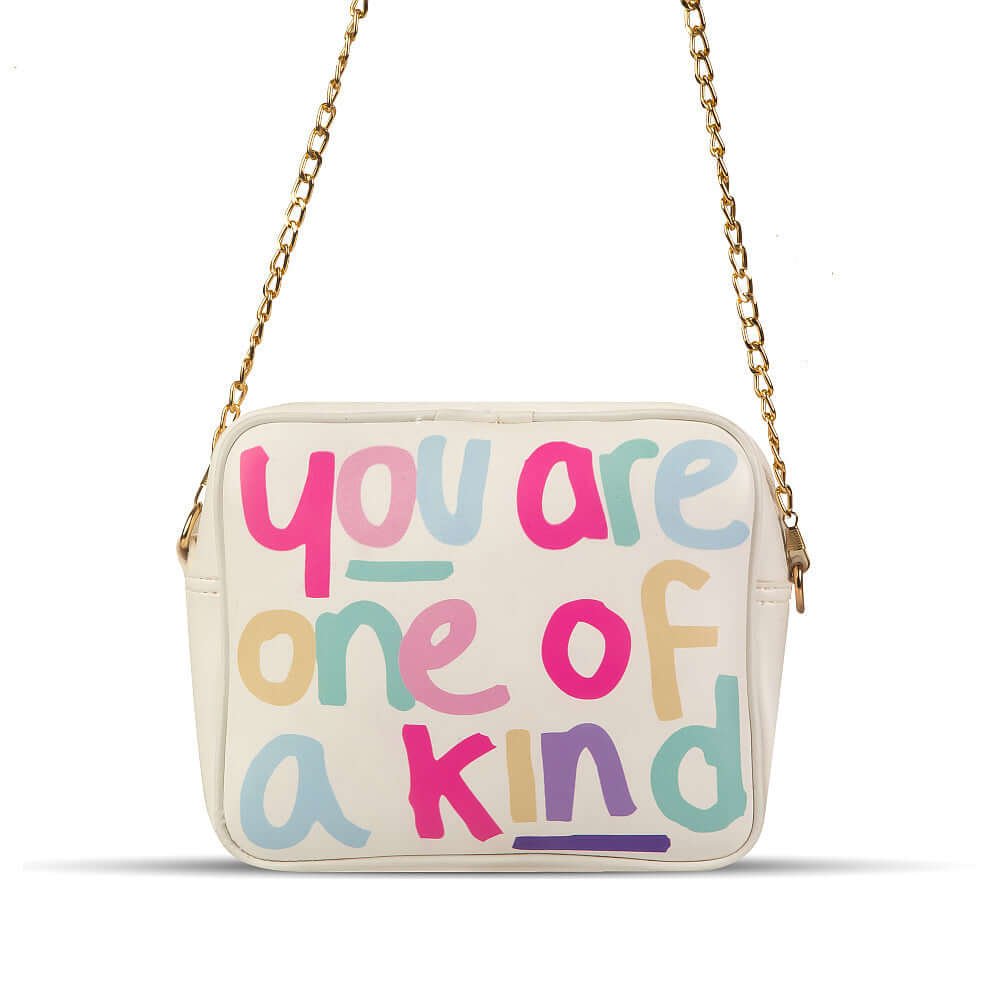 A typography crossbody bag with a gold chain in a white color is best for womens in pakistan