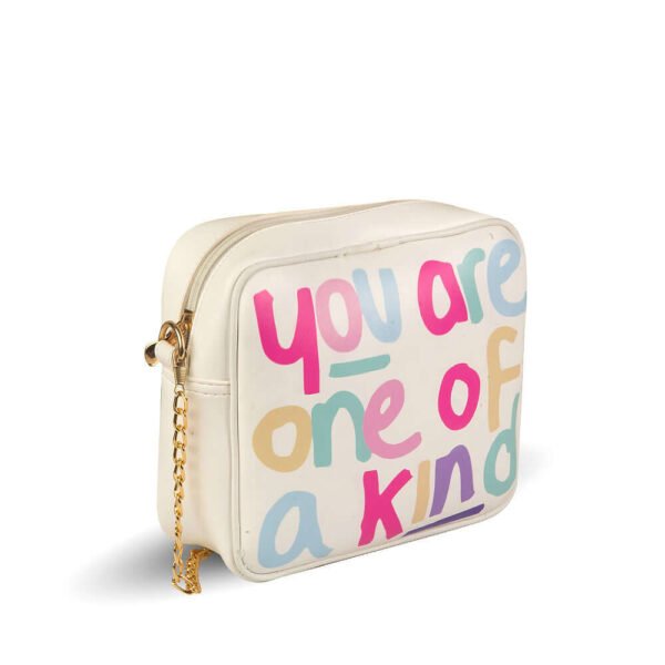 A typography crossbody bag with a gold chain in a white color is best for womens in pakistan