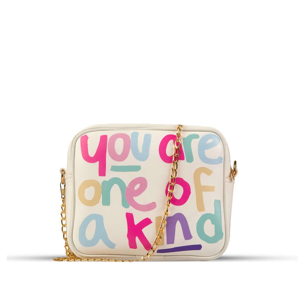 A typography crossbody bag with a gold chain in a white color is best for womens in pakistan