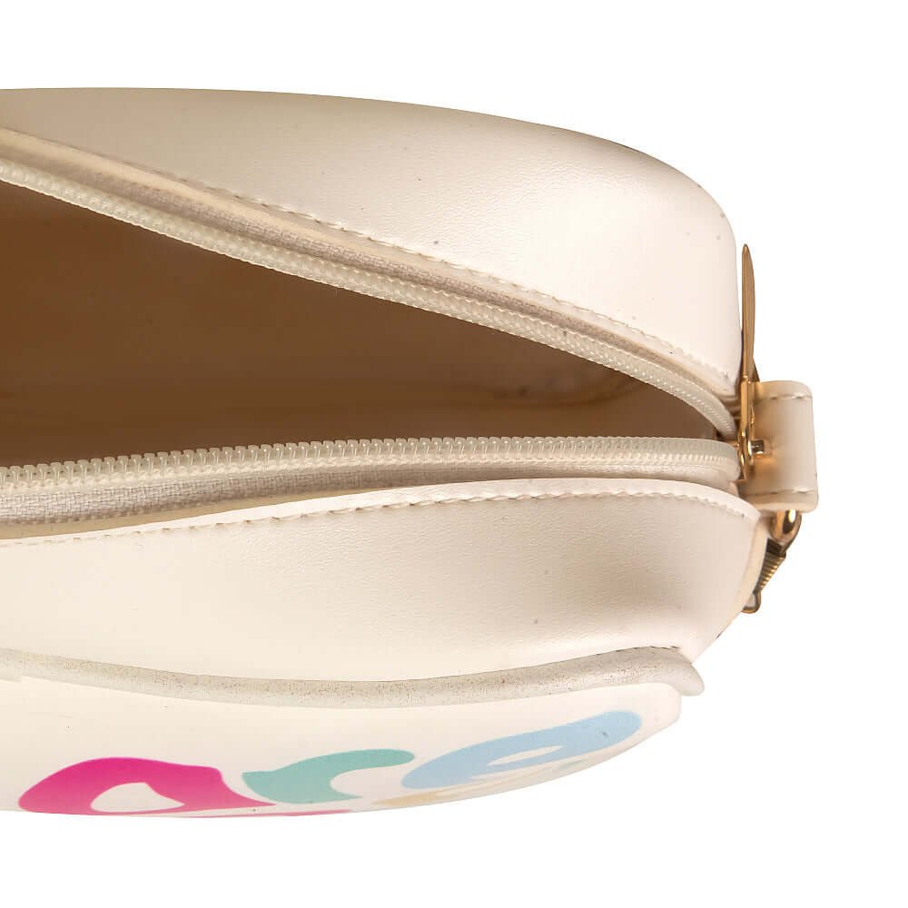 A typography crossbody bag with a gold chain in a white color is best for womens in pakistan