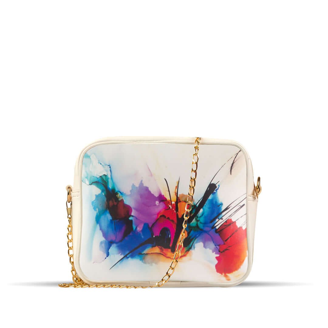 Robin CrossBody Bag in a Spacious Colorful design with a white color gold chain strap in Pakistan