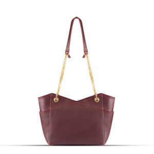 Stylish Tote bag with a gold chain accent and a maroon strap, available in an elegant maroon color. Now available in Pakistan.