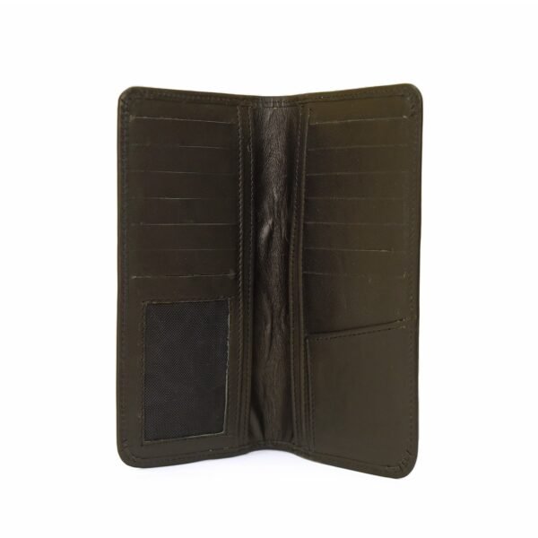 A sleek and elegant black leather wallet with a smooth finish, designed for a stylish and organized look.