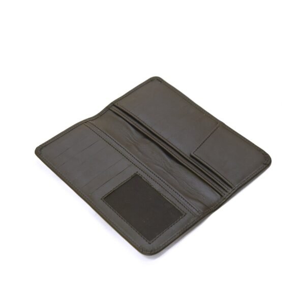 A sleek and elegant black leather wallet with a smooth finish, designed for a stylish and organized look.