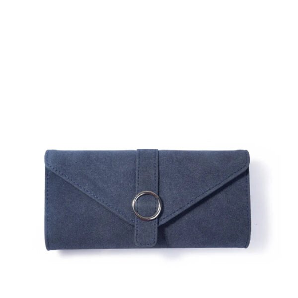 A sleek and stylish wallet in vibrant blue, featuring multiple card slots, a bill compartment, and a zippered coin pocket.