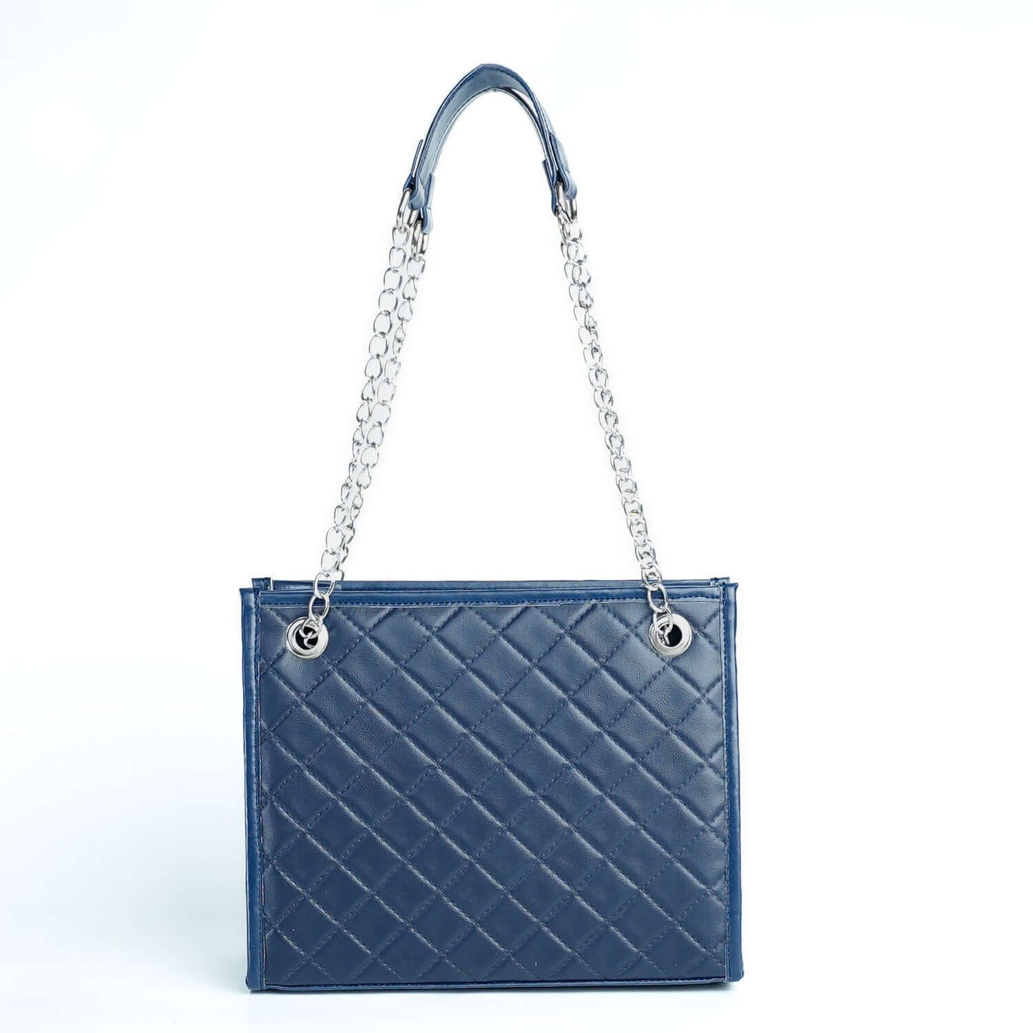 The Sydney Shoulder Bag, designed with premium synthetic leather and a silver-tone metal chain strap, is available in an elegant blue color in Pakistan.