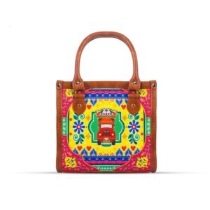 Celebrate Pakistan's vibrant culture with our Truck Art Handbag – a perfect blend of tradition and vibrant colors. Featuring a bold, colorful design paired with a contrasting brown leather handle, it’s a unique accessory that stands out beautifully.