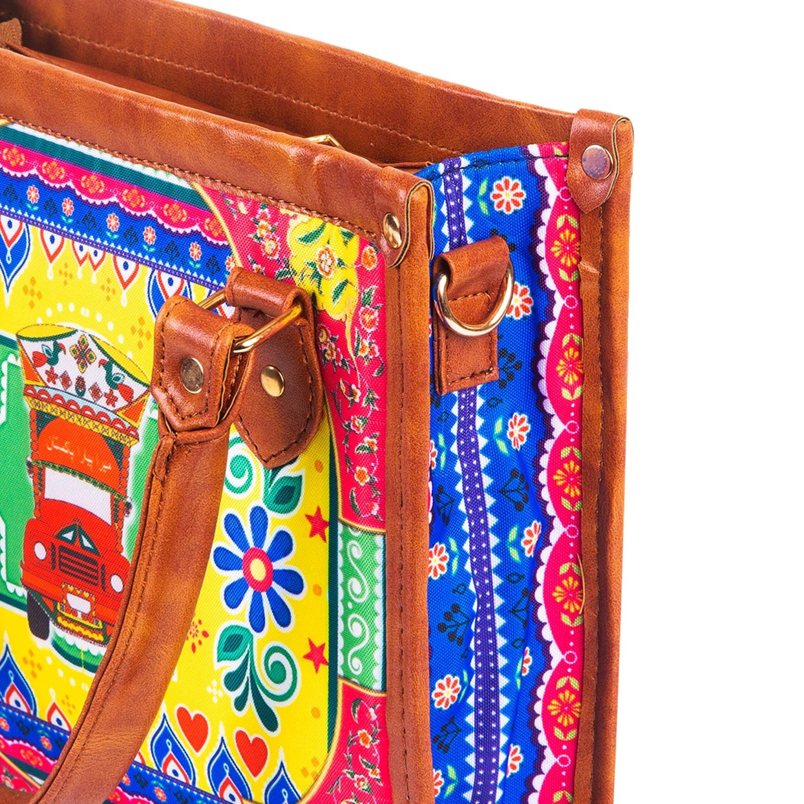 Celebrate Pakistan's vibrant culture with our Truck Art Handbag – a perfect blend of tradition and vibrant colors. Featuring a bold, colorful design paired with a contrasting brown leather handle, it’s a unique accessory that stands out beautifully.