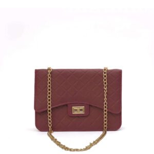 This stylish Tulip chain bag, crafted from high-quality faux leather in an elegant maroon color, features an adjustable chain strap and is available in Pakistan.