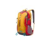 The hiking backpack, featuring a vibrant combination of red and yellow, offers storage space, making it perfect for travelers. It comes with adjustable straps and is available in Pakistan.