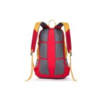 The hiking backpack, featuring a vibrant combination of red and yellow, offers storage space, making it perfect for travelers. It comes with adjustable straps and is available in Pakistan.